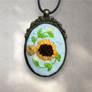 Sunflower Design Embroidery Necklace - Handmade Pendant